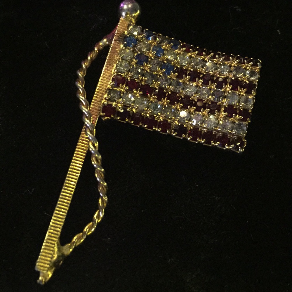 Red White and blue American flag Gold tone Brooch